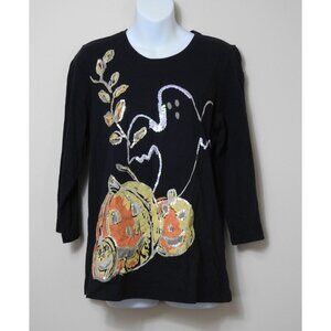 Women’s Black Halloween Shirt M Emblished Ghost Pumpkin LS  Tshirt Top NWT